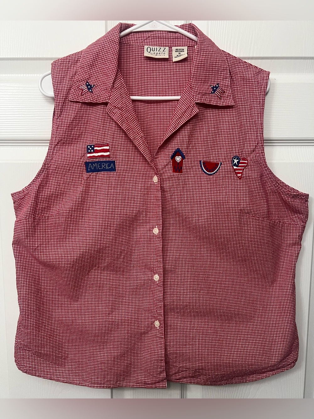 VTG 90s Quizz Again Women's XL Americana Sleeveless Shirt Cottagecore Patriotic